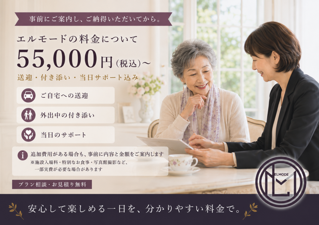 エルモードの料金説明を受けるシニア女性 55,000円から送迎・付き添い・当日サポート込みの外出支援