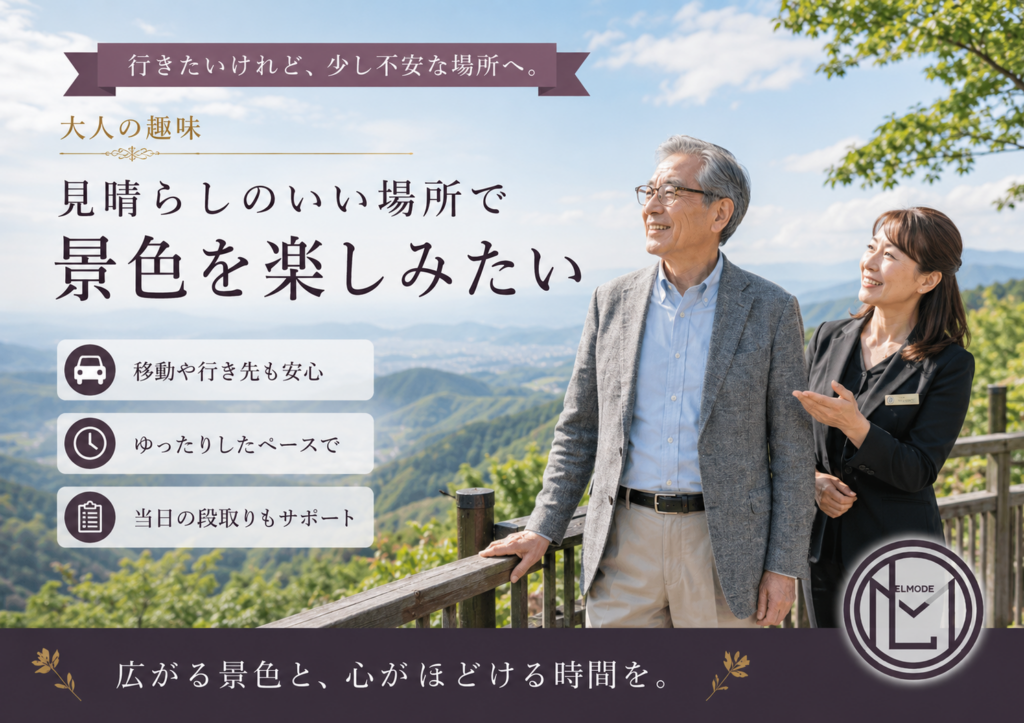 見晴らしのいい高台で景色を楽しむシニア男性と女性スタッフ 大阪・奈良の高齢者外出支援エルモード