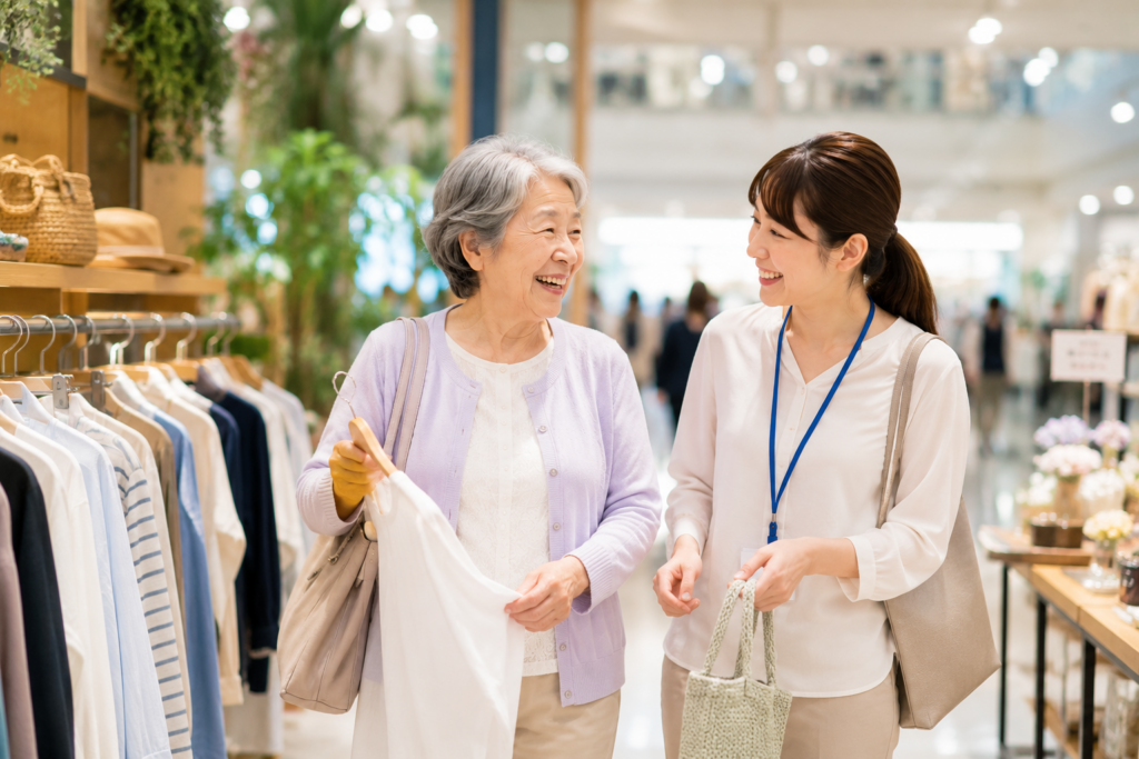 買い物同行サービスでショッピングを楽しむ高齢女性とスタッフ 高齢者外出支援・付き添いサービス