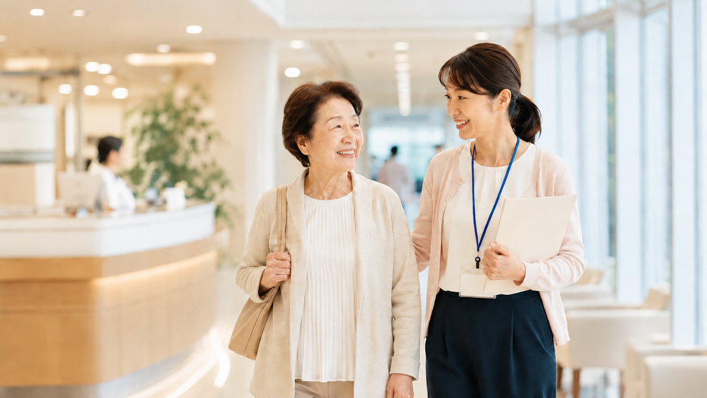 高齢者の病院付き添いで院内を一緒に移動する女性とエルモードスタッフ
